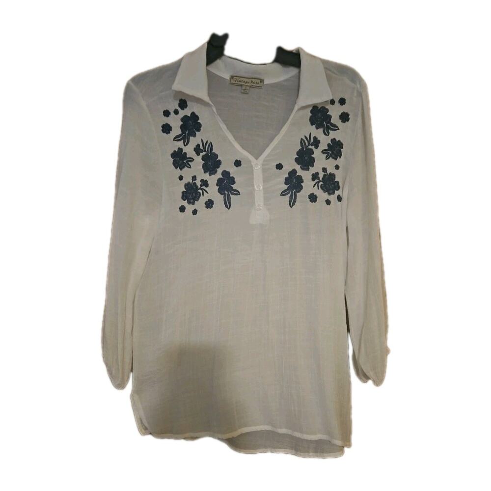 Vintage Rose Blouse Pleasant Womens XL (L) White Black Embroidered Flowers